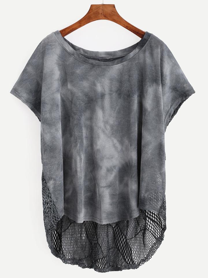 Romwe Grey Tie Dye Hollow Out Crochet Back T-shirt