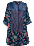 Romwe Stand Collar Long Sleeve Flower Print Shirt Dress