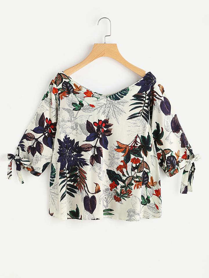 Romwe V Neckline Palm Leaf Random Bow Tie Cuff Blouse