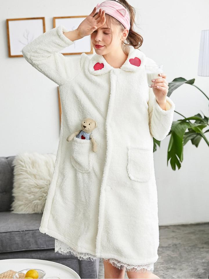 Romwe Heart Embroidered Faux Fleece Nightdress