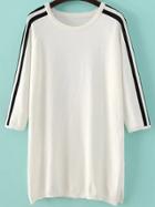 Romwe White Striped Raglan Sleeve Side Slit Sweater Dress
