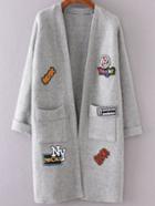 Romwe Grey Raglan Sleeve Patch Long Cardigan With Pockets