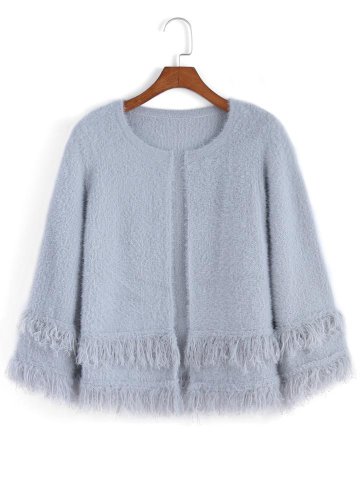 Romwe Round Neck Tassel Mohair Grey Coat