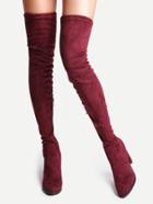 Romwe Burgundy Faux Suede Point Toe Tie Back Knee Boots