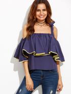 Romwe Navy Contrast Trim Ruffle Bow Tie Cold Shoulder Top