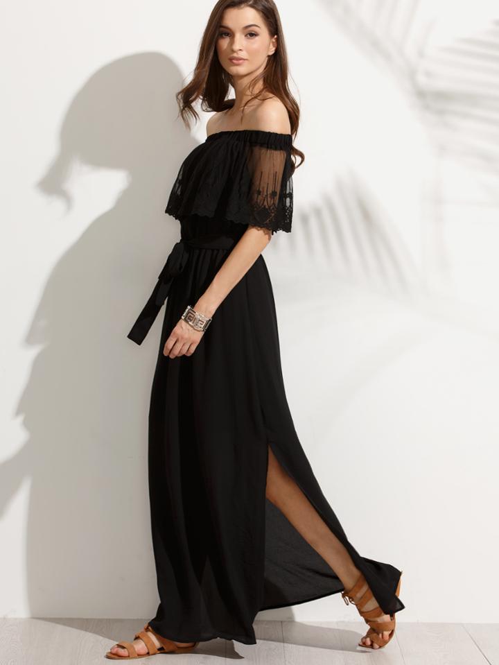 Romwe Bardot Lace Overlay Tied Slit Dress