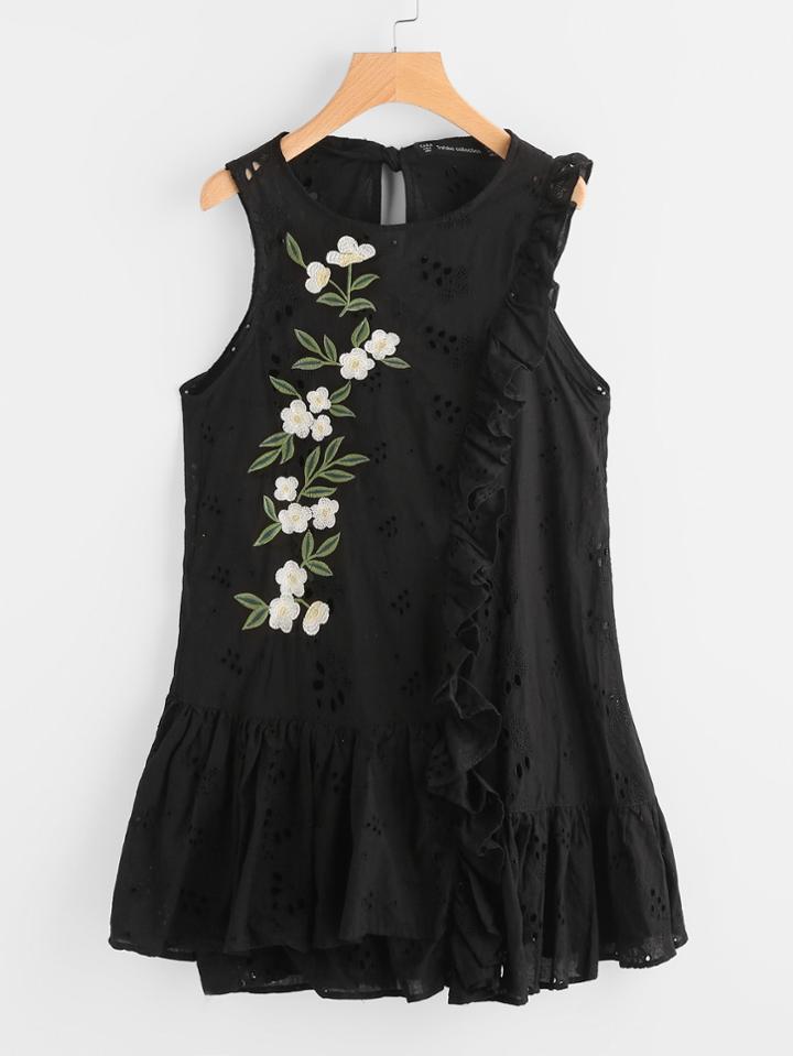 Romwe Frill Trim Eyelet Embroidered Dress