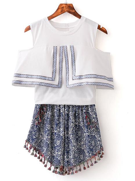 Romwe White Cold Shoulder Blouse With Tassel Vintage Shorts