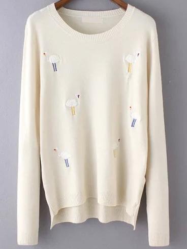 Romwe Dip Hem Swan Embroidered Beige Sweater