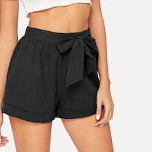 Romwe Self Belted Elastic Waist Cuffed Shorts