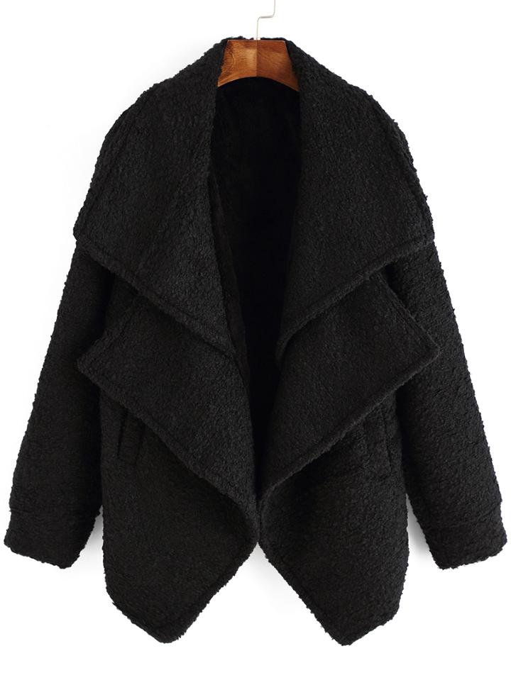 Romwe Women Double Lapel Loose Black Coat