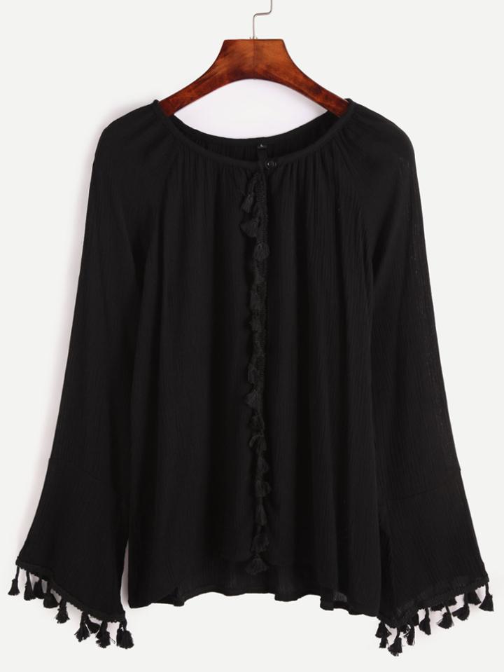 Romwe Black Bell Sleeve Fringe Detail Top