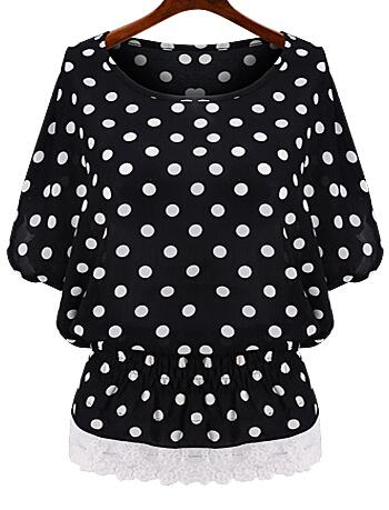 Romwe Bat Sleeve Polka Dot Lace Hem Black Top