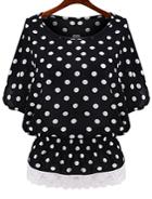 Romwe Bat Sleeve Polka Dot Lace Hem Black Top