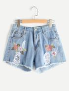 Romwe Floral Embroidered Distressed Fray Hem Shorts