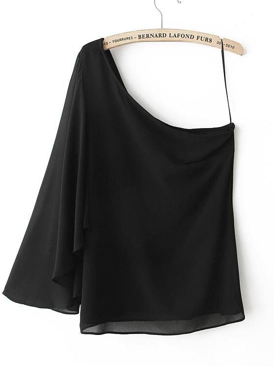 Romwe One-shoulder Ruffle Chiffon Black Blouse