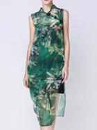 Romwe Green Collar Flowers Print Split Shift Dress