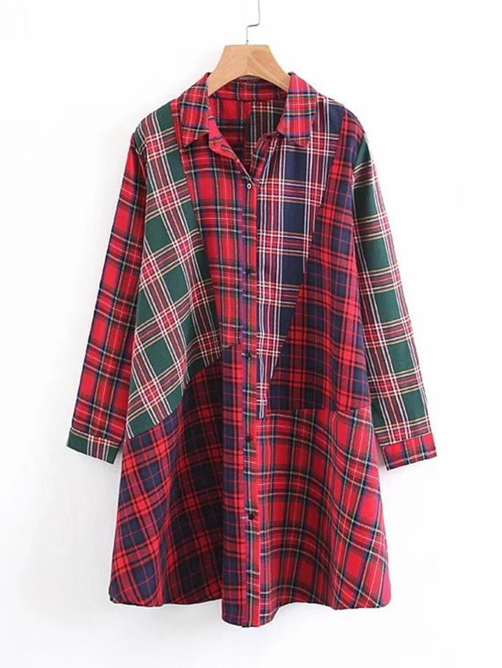 Romwe Plaid Spliced Shirt Dress