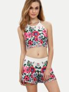 Romwe Multicolor Floral Halter Crop Top With Shorts