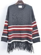 Romwe Striped Tassel Black Sweater