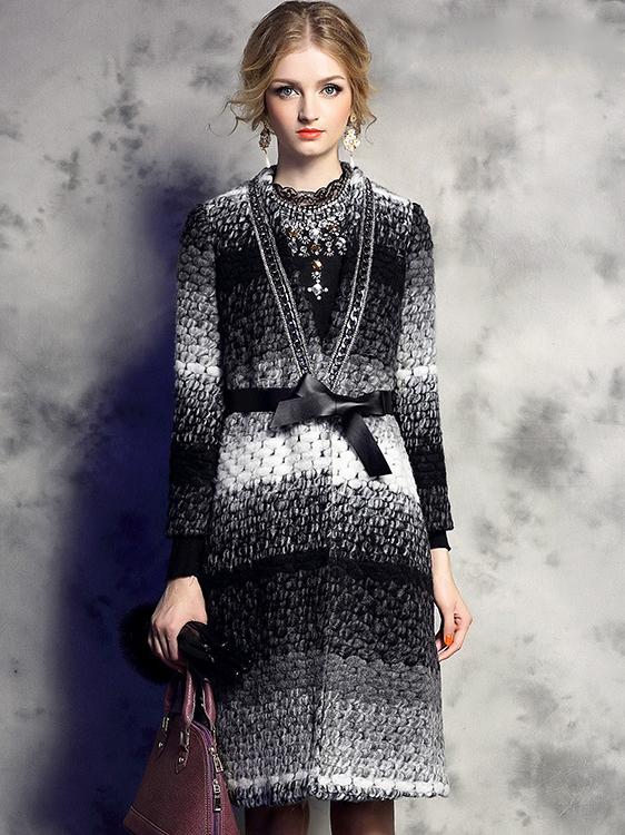 Romwe Multicolor Long Sleeve Beading Tie-waist Pockets Coat