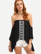 Romwe Off-the-shoulder Embroidered Asymmetric Top - Black