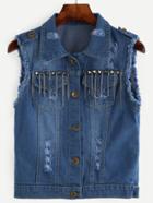 Romwe Blue Frayed Studded Chain Detail Denim Vest