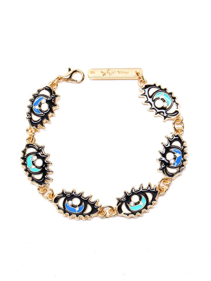 Romwe Gold Tone Eyes Linked Rhinestone Bracelet