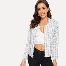 Romwe Frayed Edge Tweed Open Placket Coat
