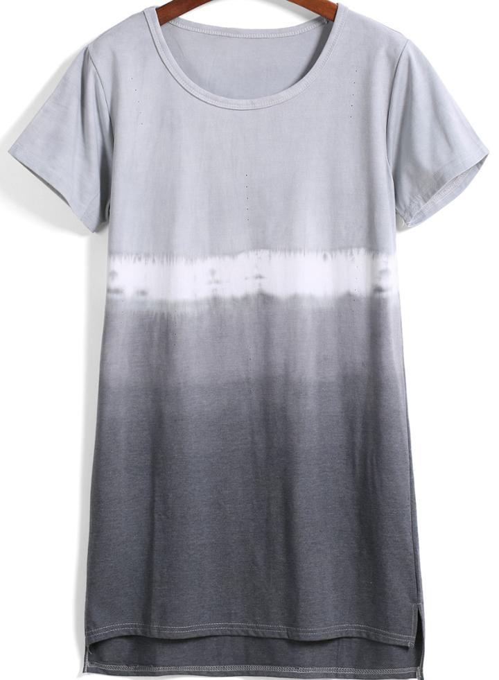 Romwe Round Neck Dip Hem Ombre T-shirt