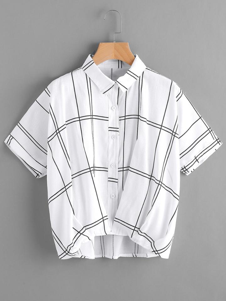 Romwe Check Print Dip Hem Cuffed Blouse