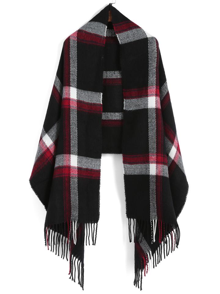Romwe Checkered Tassel Black Scarf