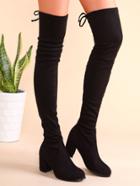 Romwe Black Suede Tie Back Chunky Heel Thigh High Boots