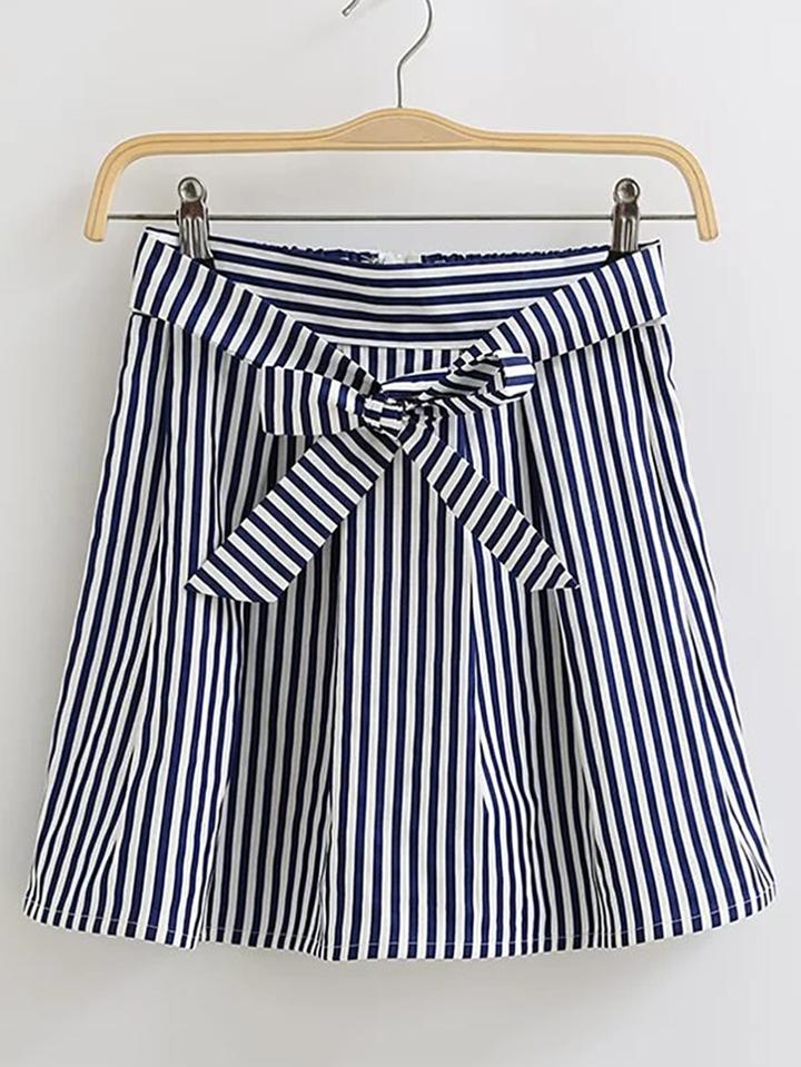 Romwe Bow Tie Waist Vertical Striped Skirt