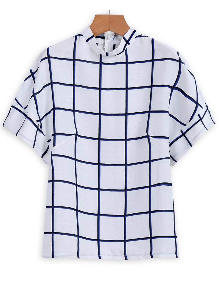 Romwe Stand Collar With Zipper Plaid Top