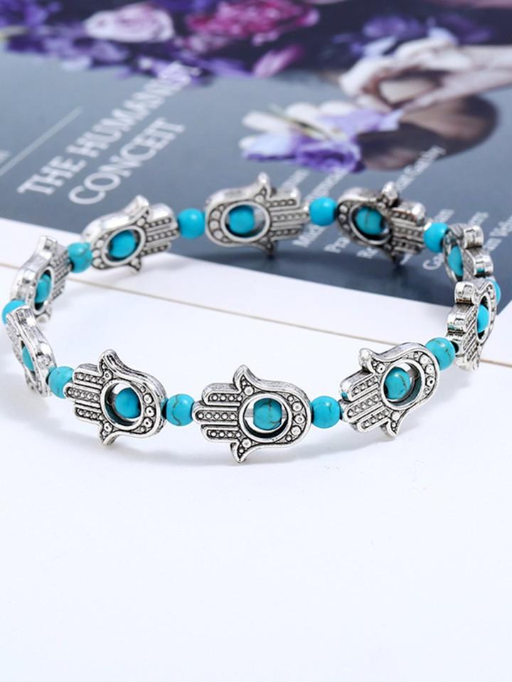 Romwe Palm Detail Beaded Bracelets With Turquoise