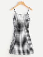 Romwe Lace Up Back Princess Seam Gingham Cami Dress