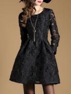 Romwe Black Sheer Jacquard Pockets A-line Dress