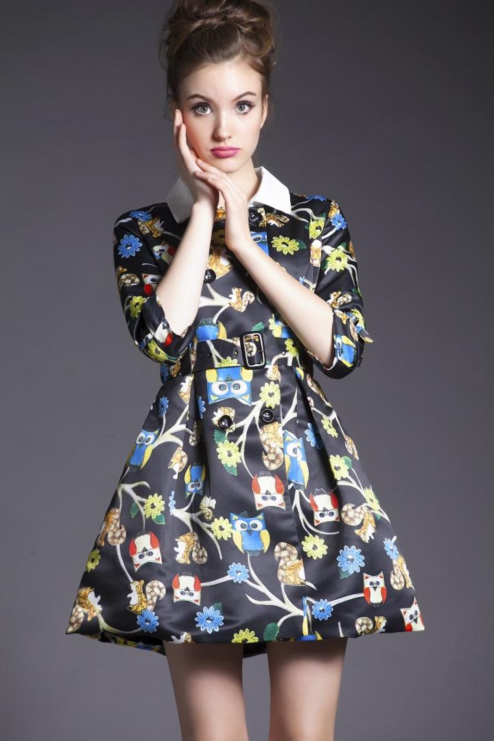 Romwe Black Lapel Owl Print Flare Dress