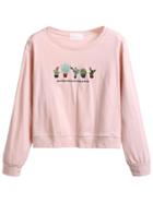 Romwe Pink Cactus Embroidered Sweatshirt