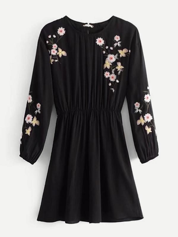 Romwe Flower Embroidery Lace Up Back Dress