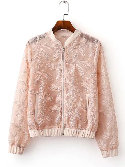 Romwe Apricot Elastic Cuff Embroidery Pocket Jacket