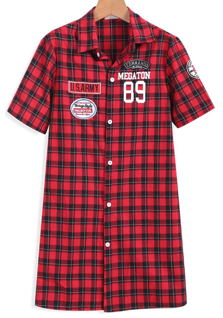 Romwe Lapel Short Sleeve Plaid Red Blouse