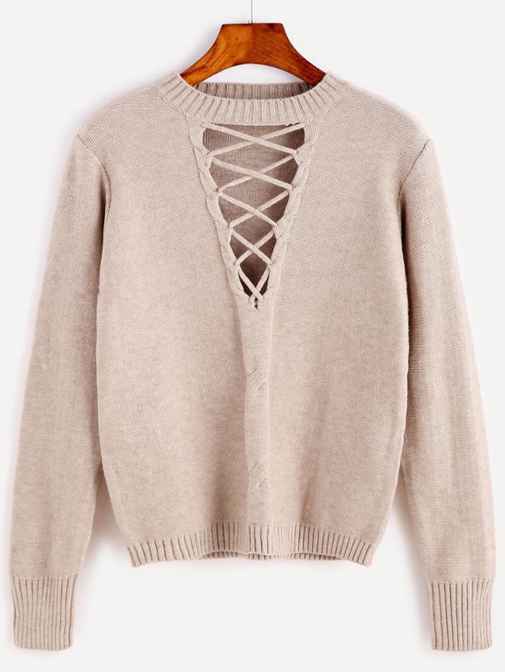 Romwe Coffee Cutout Lace Up Cable Knit Sweater