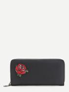 Romwe Black Flower Embroidery Textured Wallet