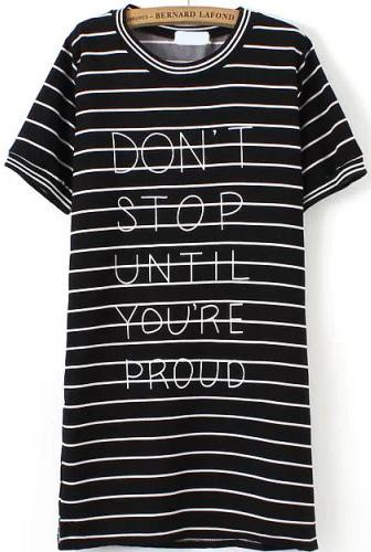 Romwe Letter Print Striped Shift Black Dress