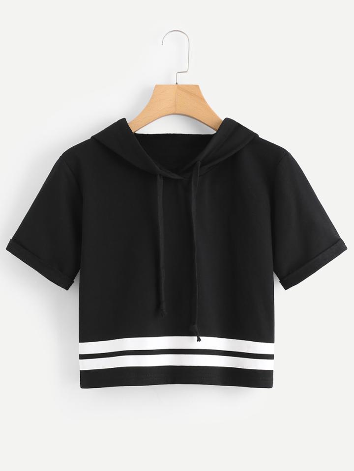 Romwe Striped Cuffed Hooded Tee