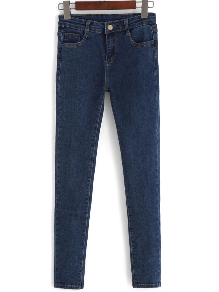 Romwe With Pockets Slim Denim Pant