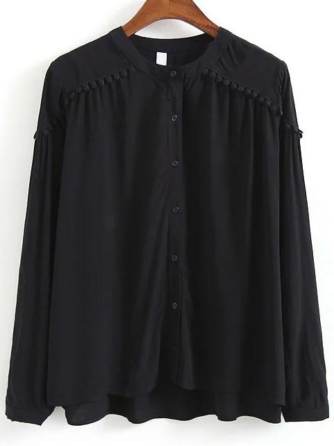Romwe Long Sleeve Black Shirt With Pom Pom