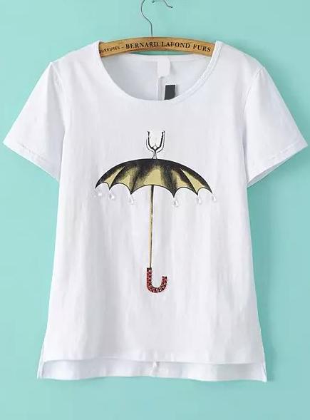 Romwe With Diamond Umbrella Print White T-shirt